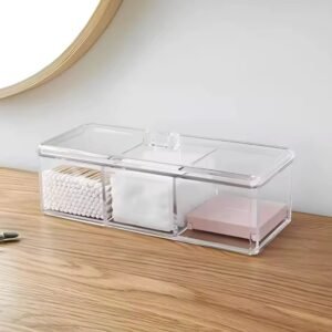 Organizador acrilico rectangular con 3 divisiones y tapa