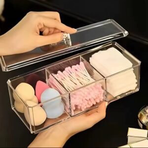 Organizador acrilico rectangular con 3 divisiones y tapa
