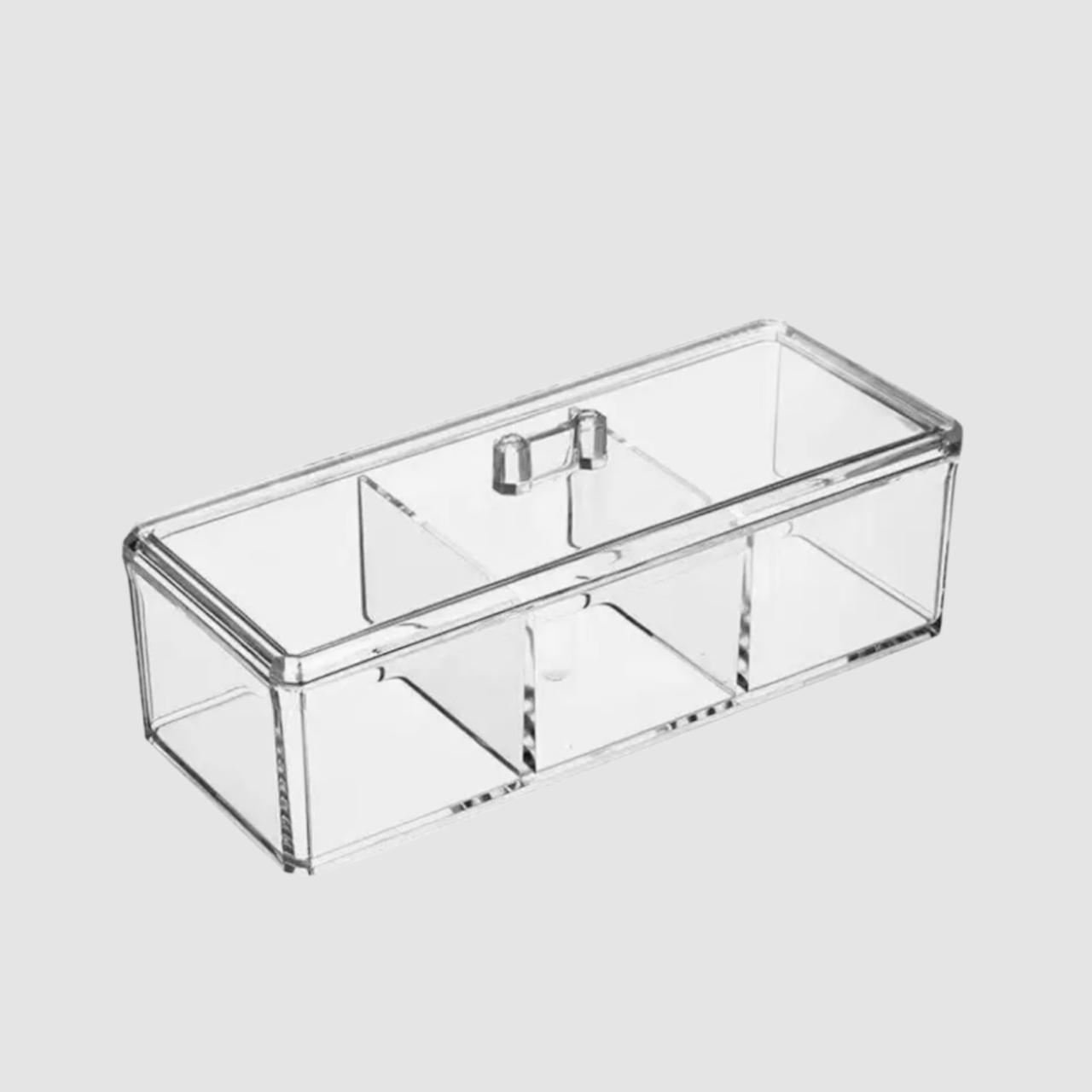 Organizador acrilico rectangular con 3 divisiones y tapa